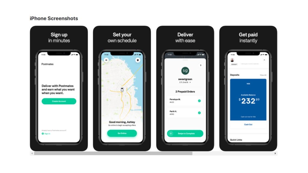 iPhone screenshots of Postmates delivery process